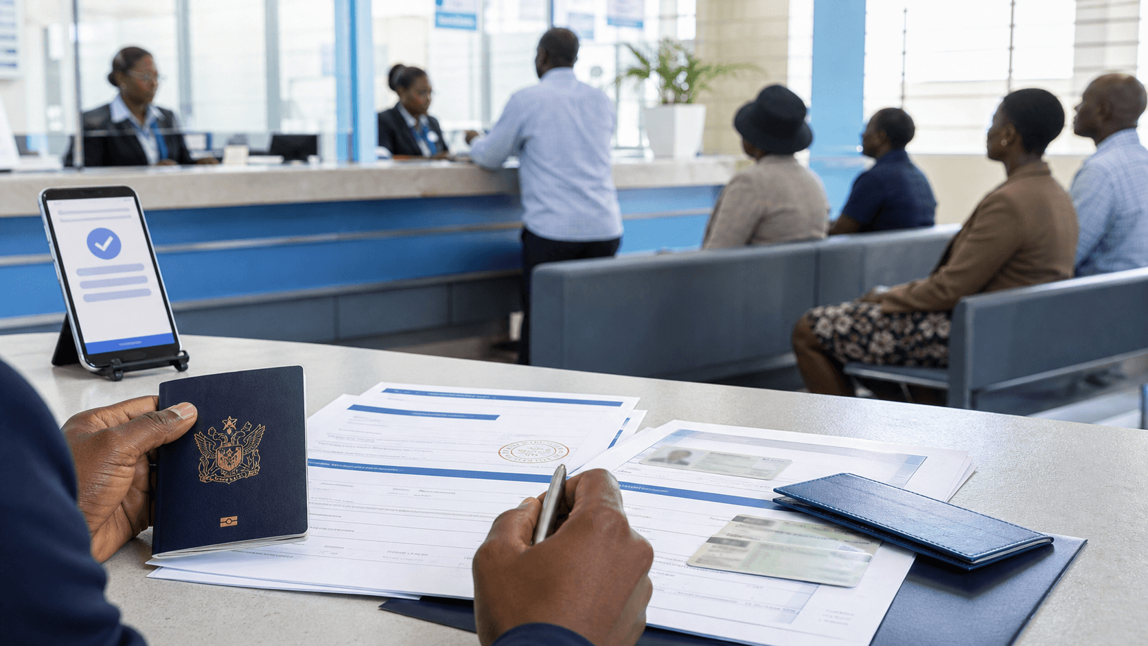 Passport and identity forms prepared at a public service counter